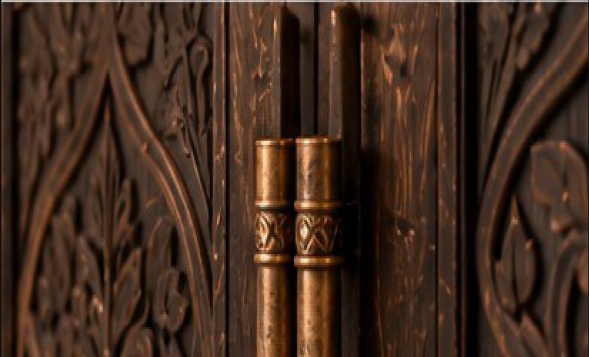 Close detail of aged brass handles set into carved timber