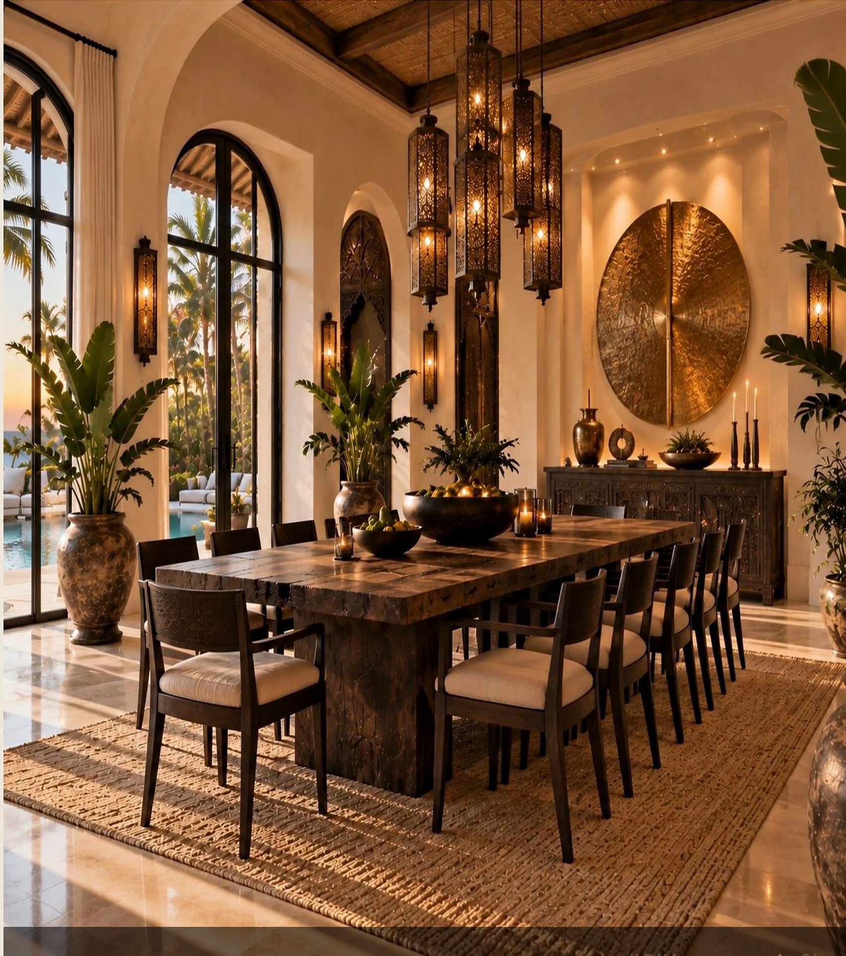 KOYA dining room with sculptural brass centerpiece