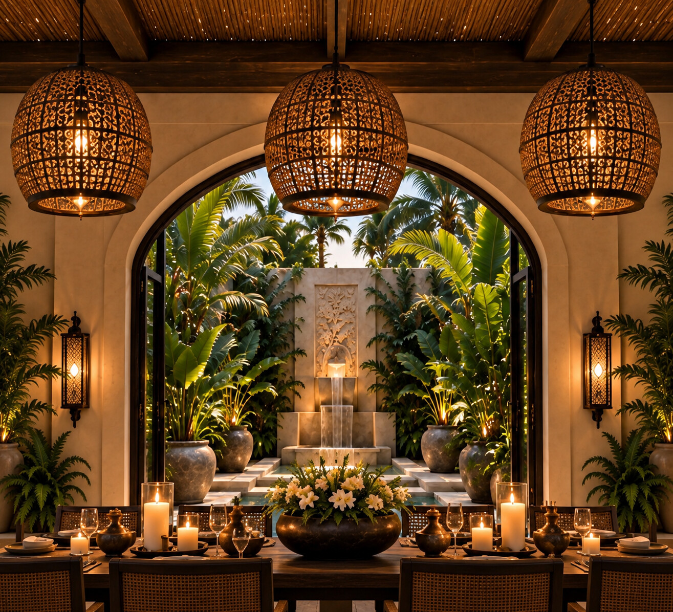 KOYA garden dining pavilion beneath palms