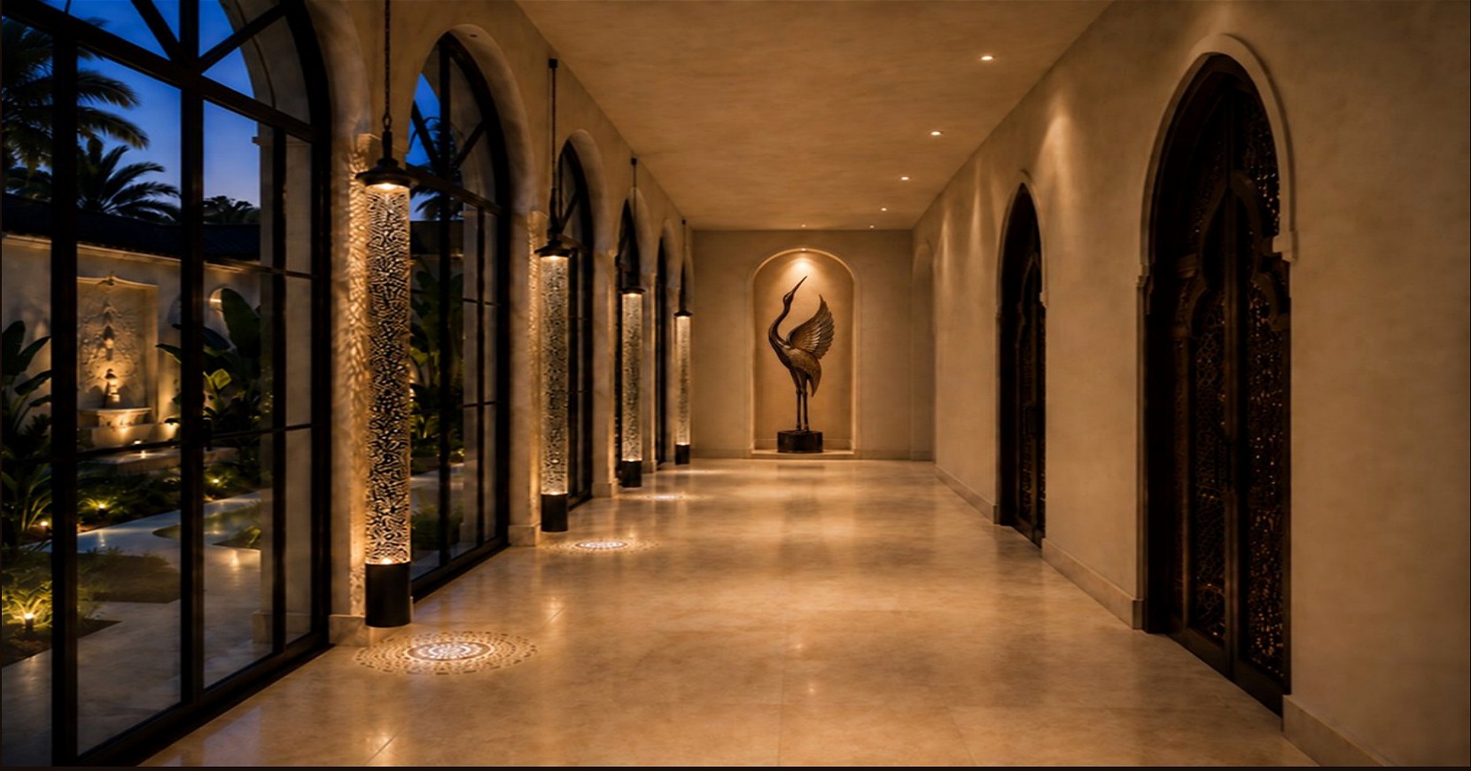 KOYA evening hallway with carved doors and sculptural bird