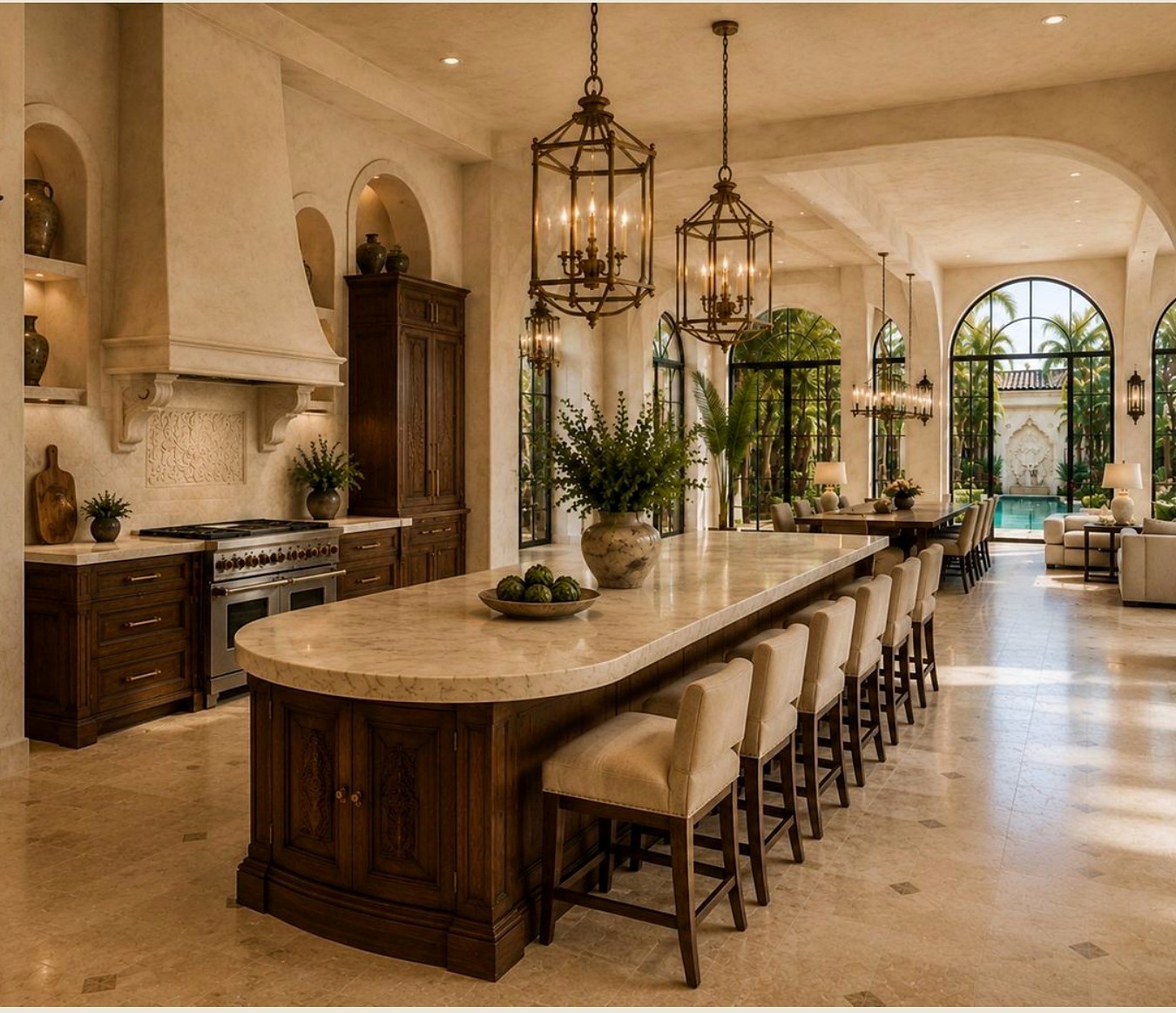 KOYA kitchen with long island and carved cabinetry