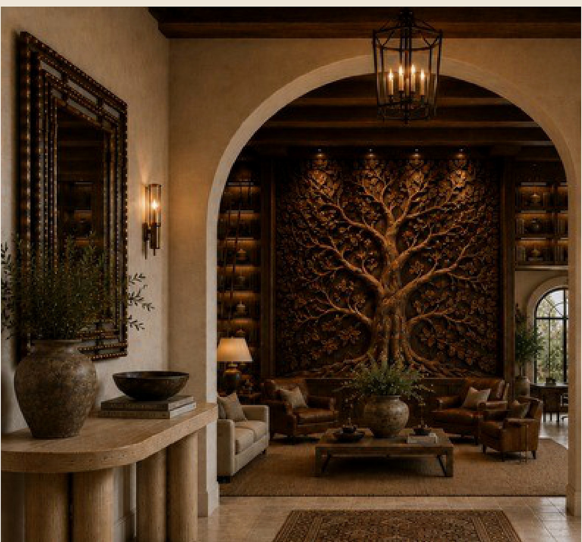 KOYA library with carved Tree of Life wall
