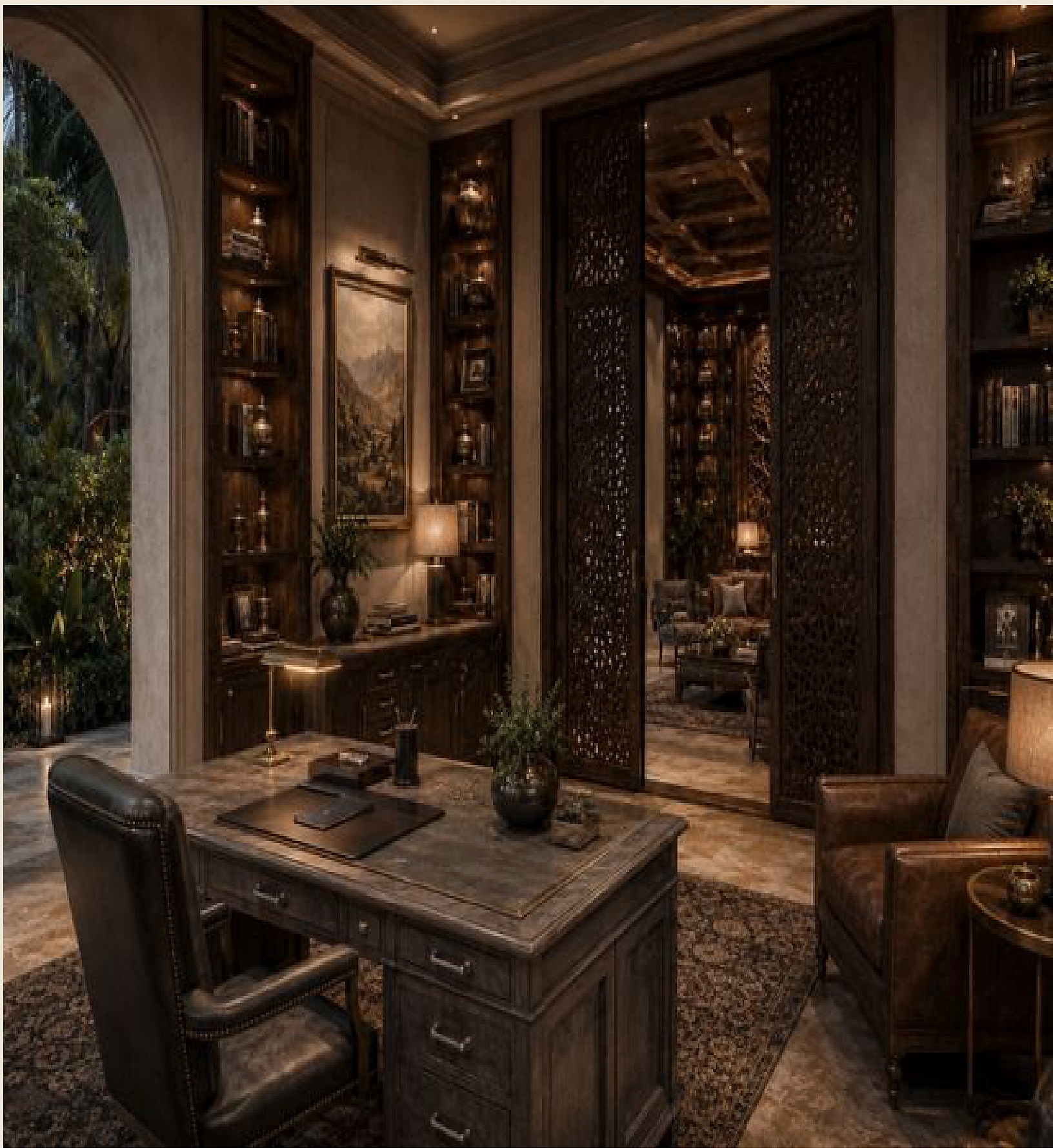 KOYA private office with carved screens and layered timber