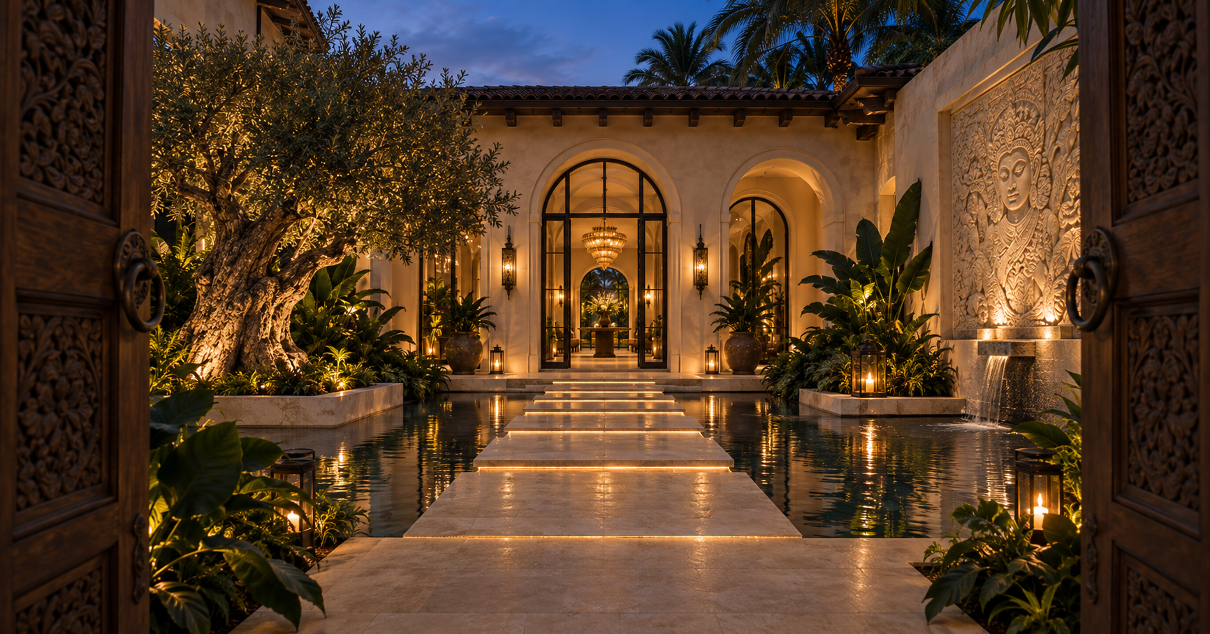 KOYA inner courtyard beyond carved gates, with water, olive tree and illuminated stone relief