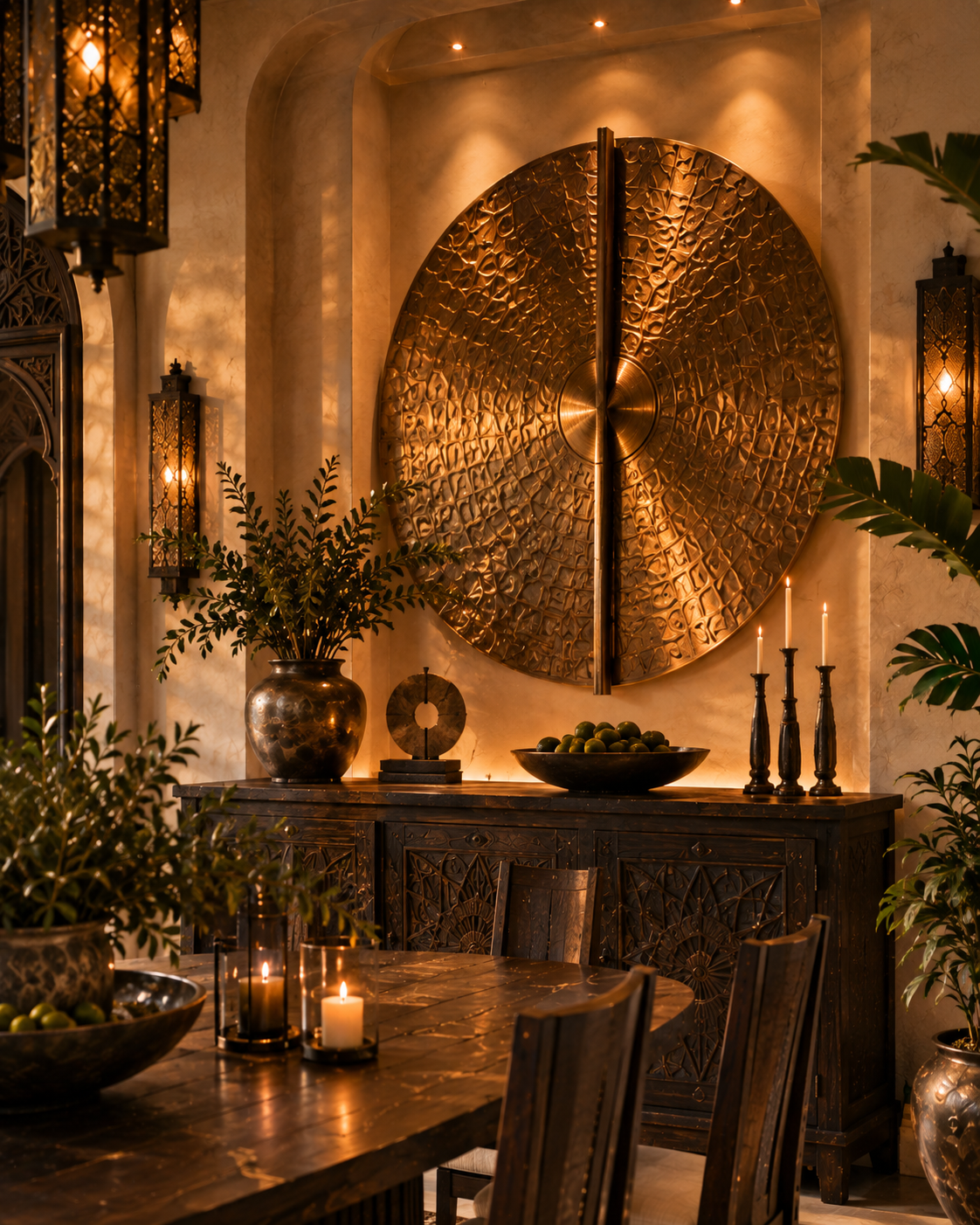 Monumental hand-worked brass medallion glowing above a dining room