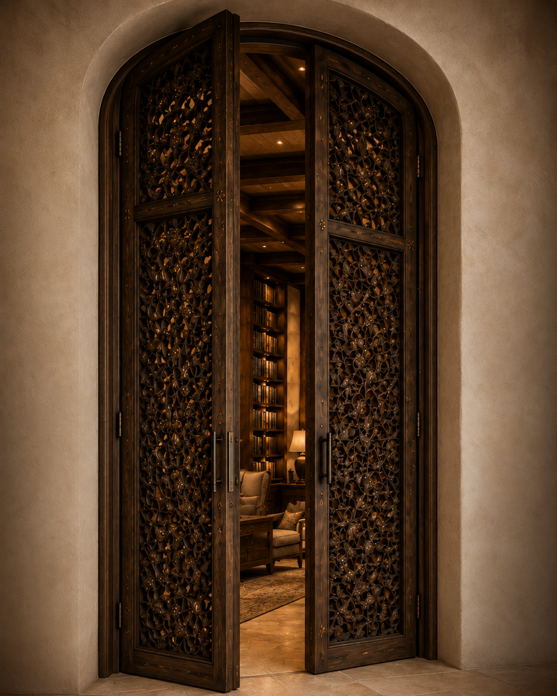 Monumental arched double doors with deeply carved timber panels