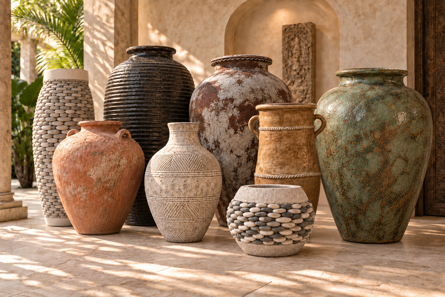 An artfully collected family of handmade clay, patterned ceramic and pebble-clad vessels framed by tall pebble and mineral-green forms