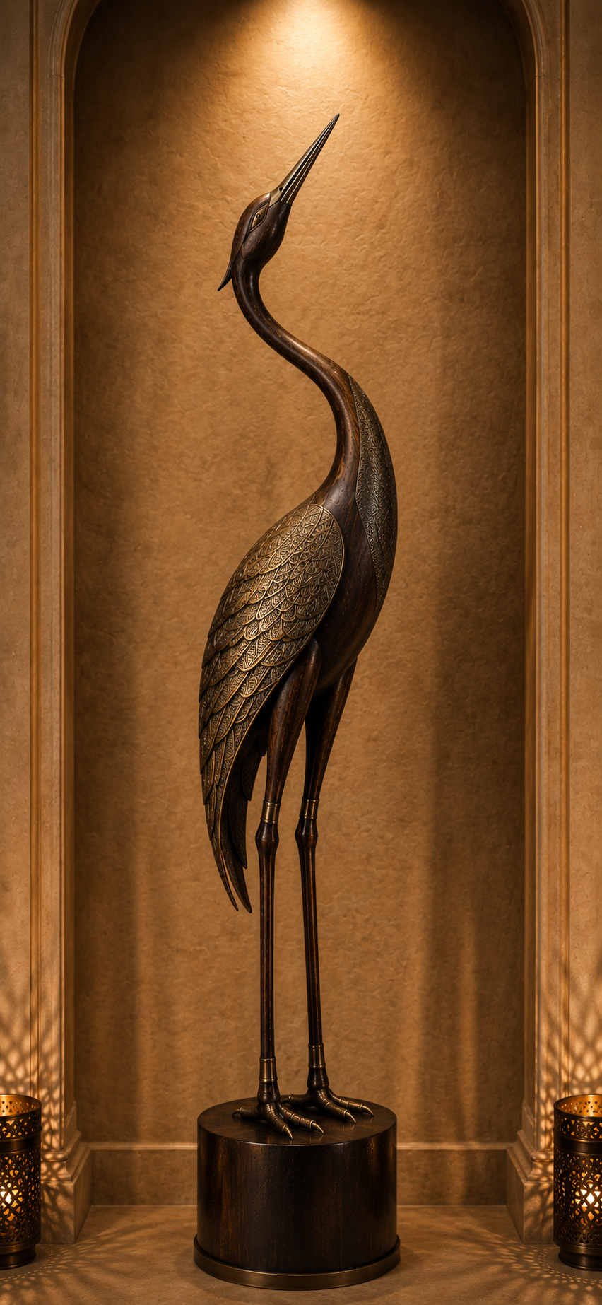 Sculptural heron crafted in dark wood and engraved brass