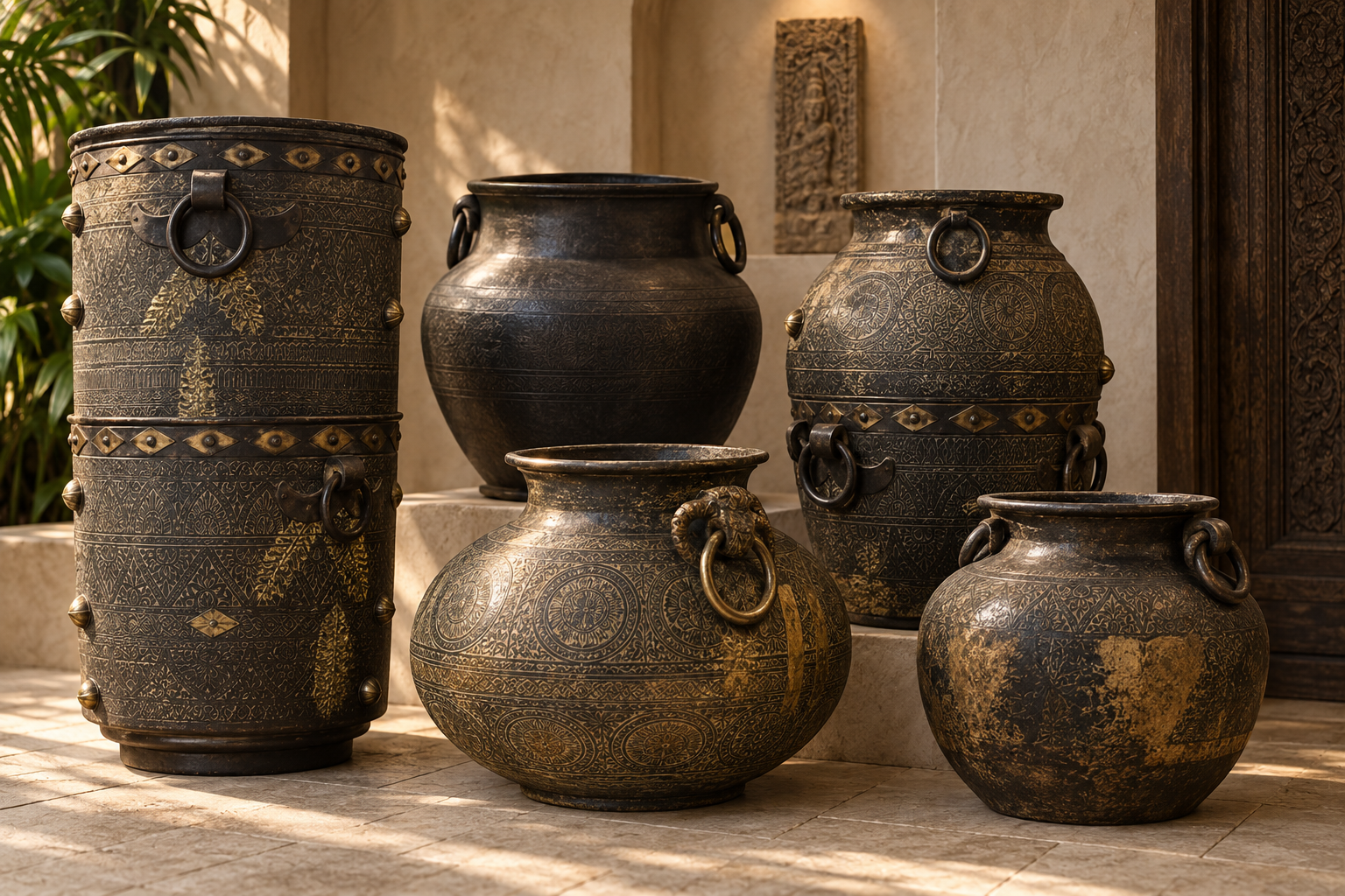 A sculptural collection of antique engraved bronze and blackened brass vessels