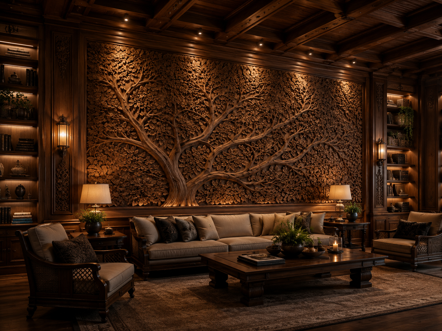 A monumental Tree of Life carved by hand across a timber library wall