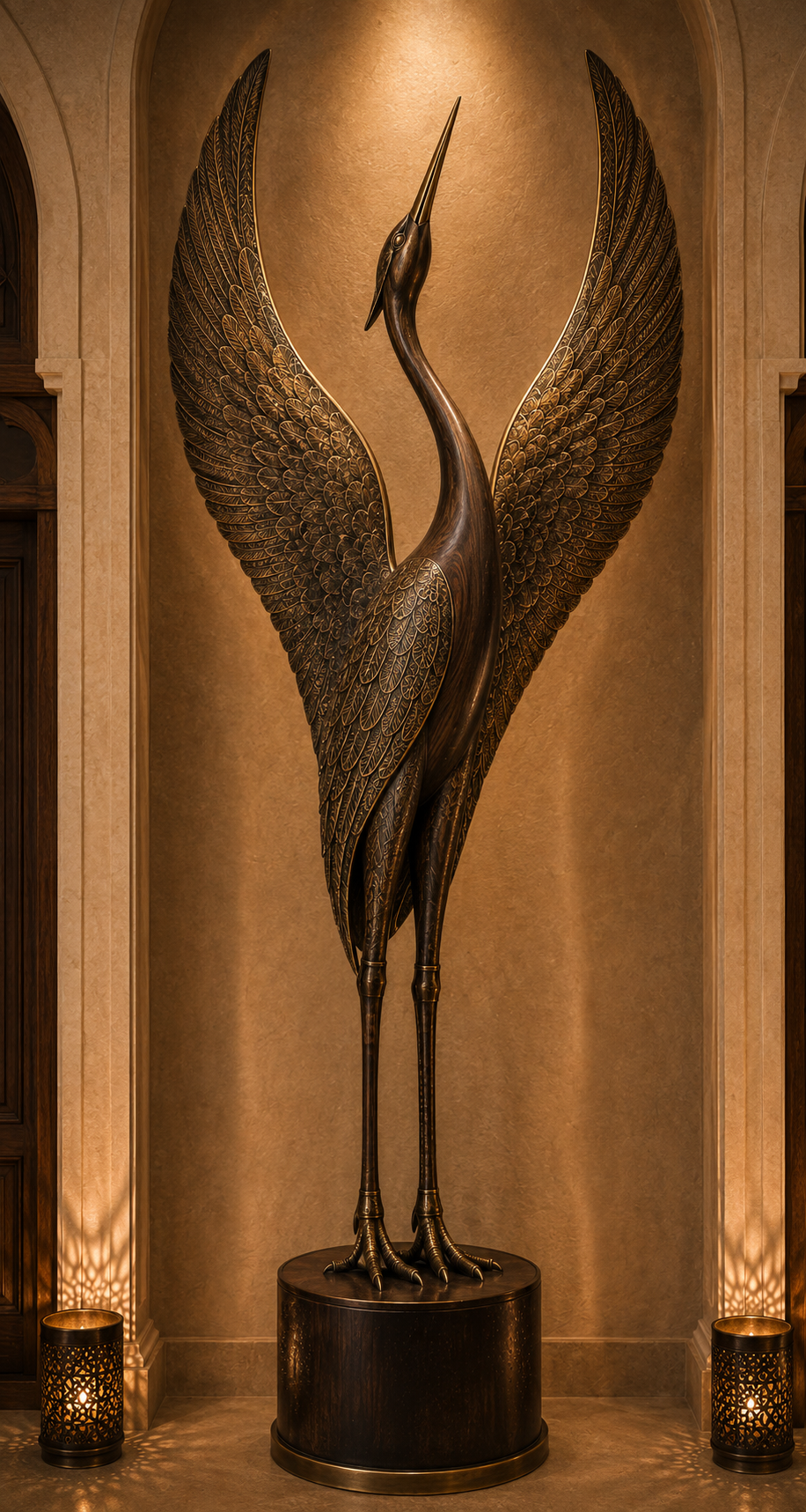 Monumental sculptural bird in dark wood and engraved brass with both wings raised
