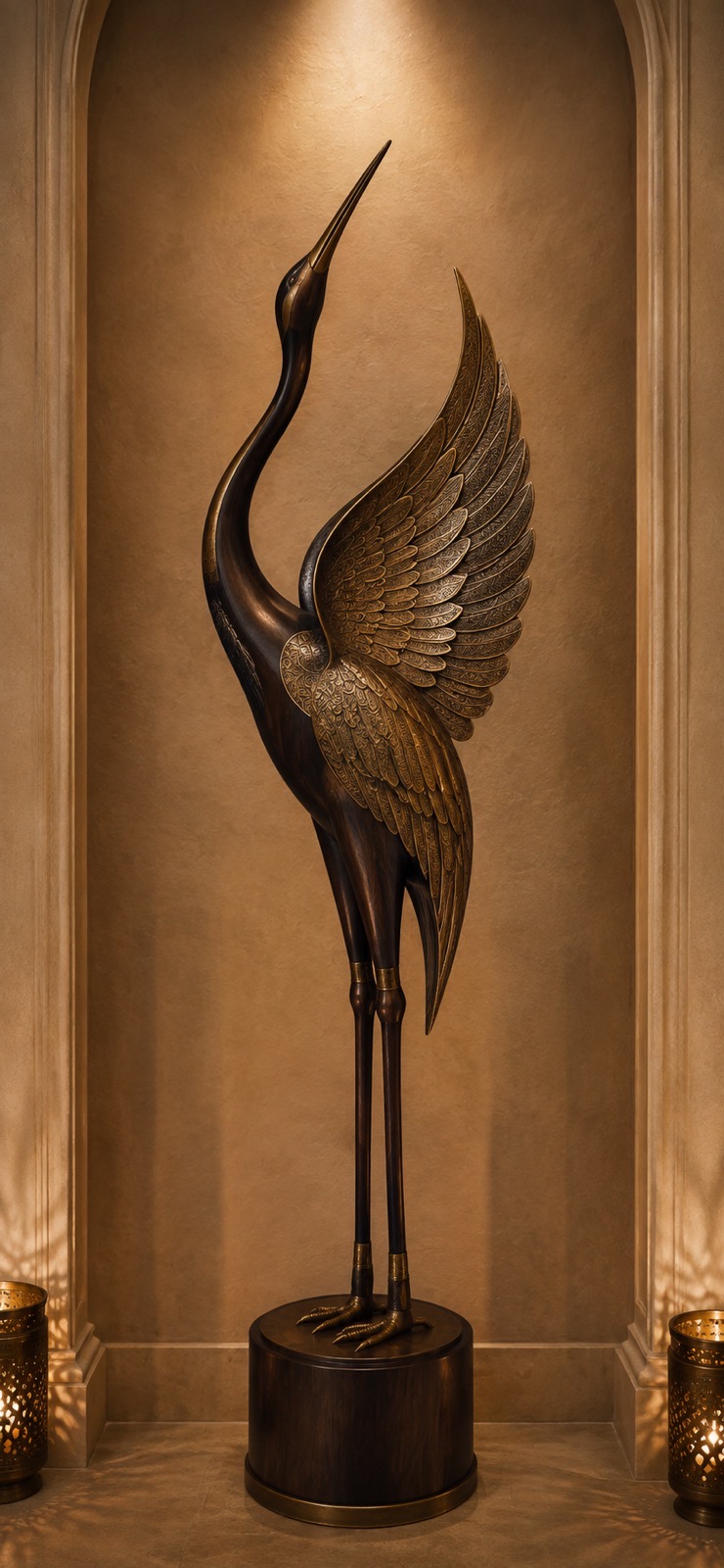 Tall sculptural bird in dark wood and engraved brass with one wing raised