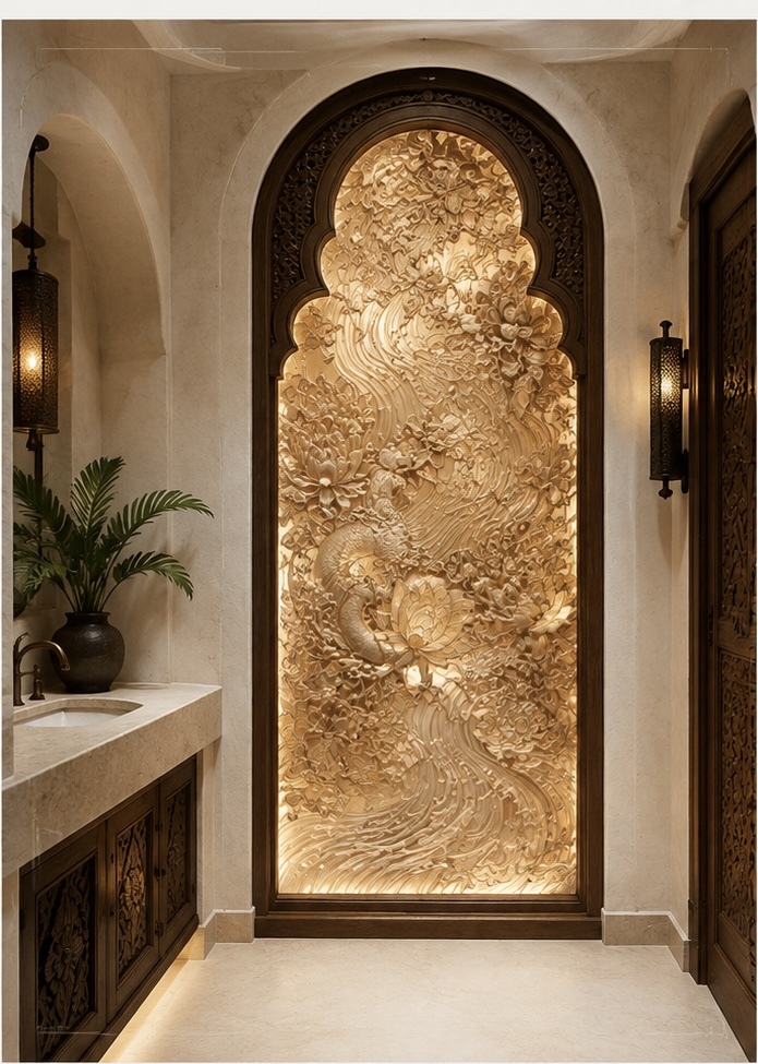 Arched cast-glass art panel with lotus, water and dragon relief