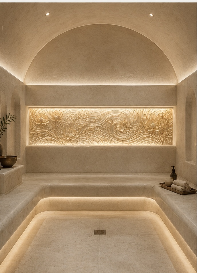Backlit cast-glass relief in a serene stone spa