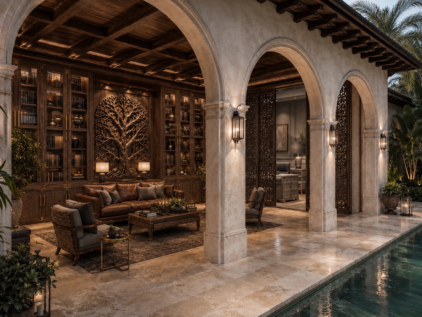 A carved timber library opening through limestone arches to a tropical pool
