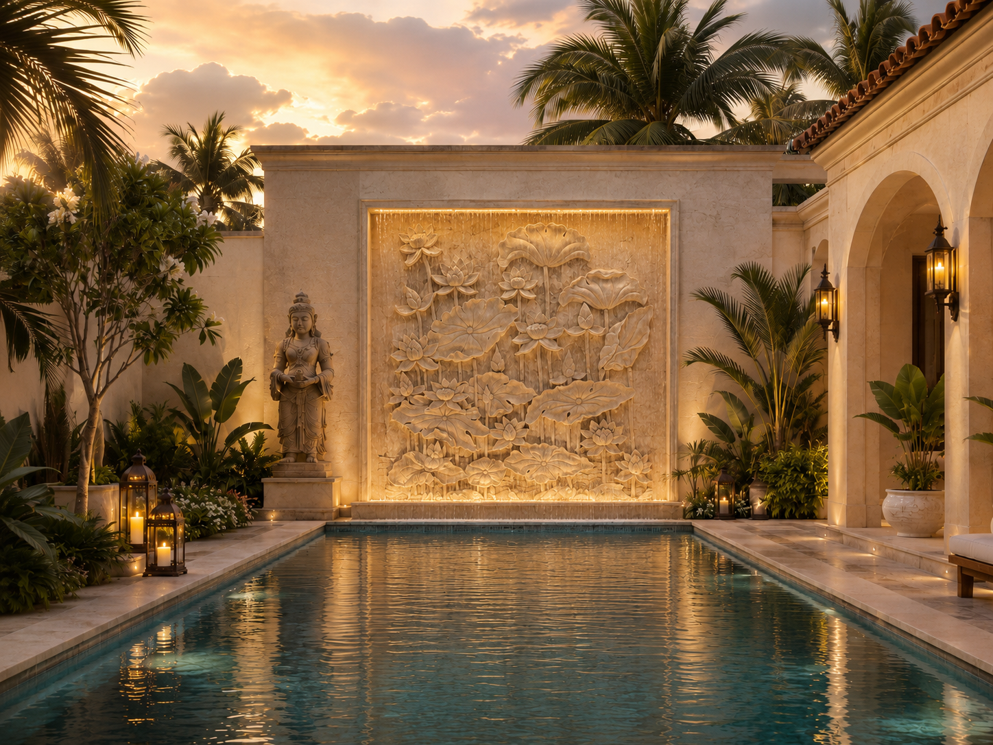 Monumental hand-carved lotus relief illuminated above a reflecting pool