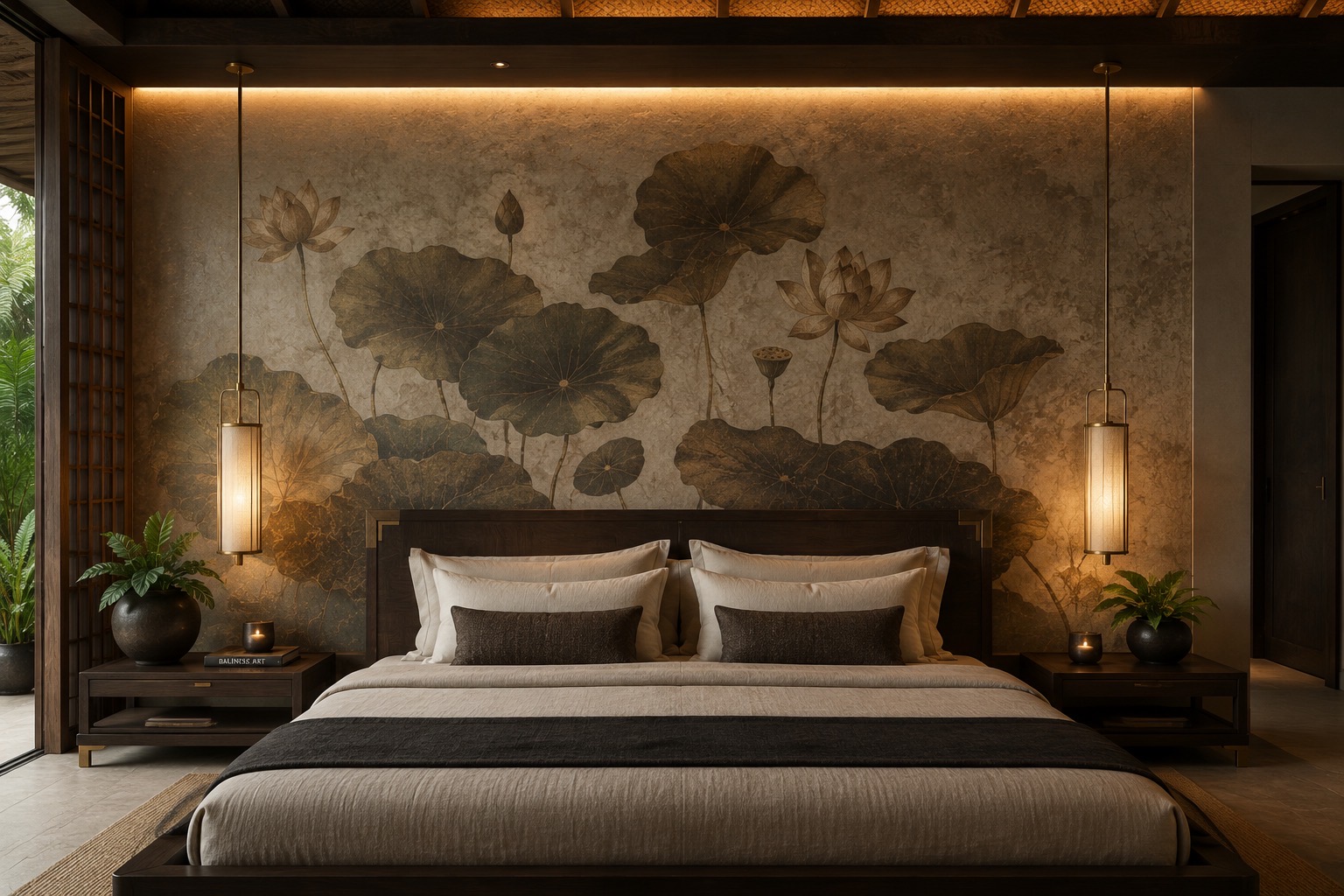 Earth-toned hand-painted lotus tapestry spanning the wall of a tranquil bedroom