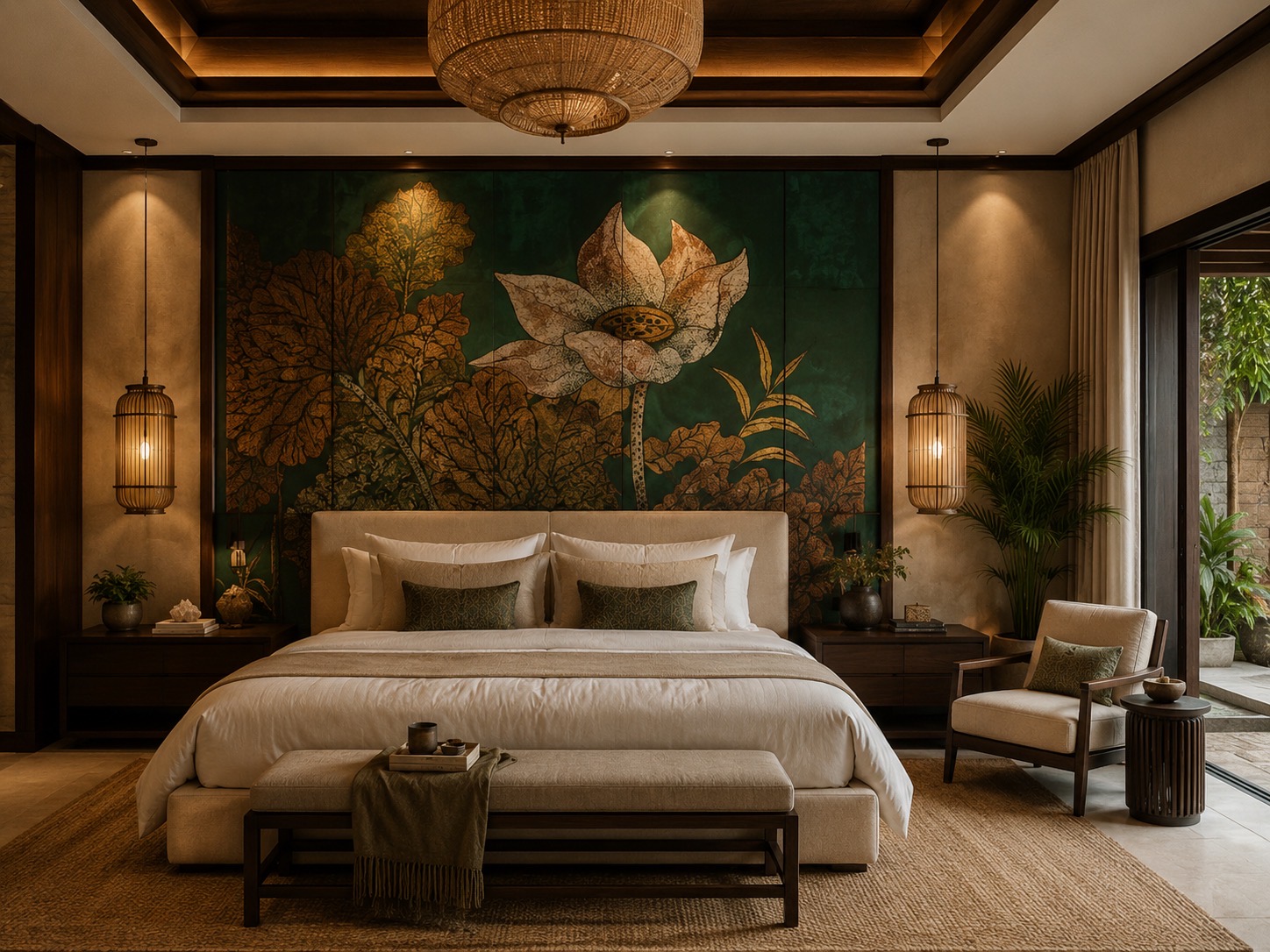Deep green and bronze hand-painted botanical tapestry behind a handmade bed